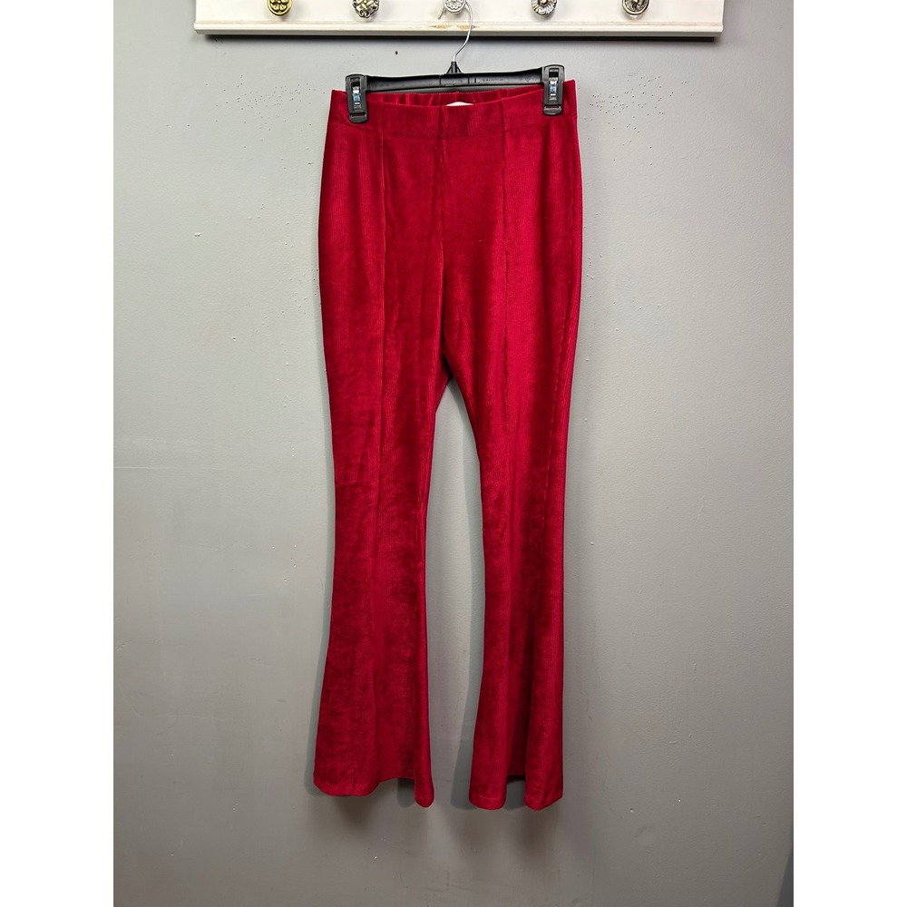 SO Pants Womens S Red High Rise Flare Corduroy Ribbed Knit Stretch Elastic Waist